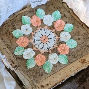 Vintage Hand Crafted Peach and White Rose Floral Crochet Doily